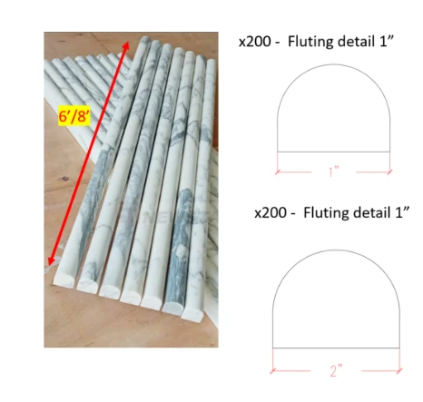 Client design reference showing long marble fluting samples and one-inch and two-inch rounded profile concepts. Client design reference showing long marble fluting samples and one-inch and two-inch rounded profile concepts.