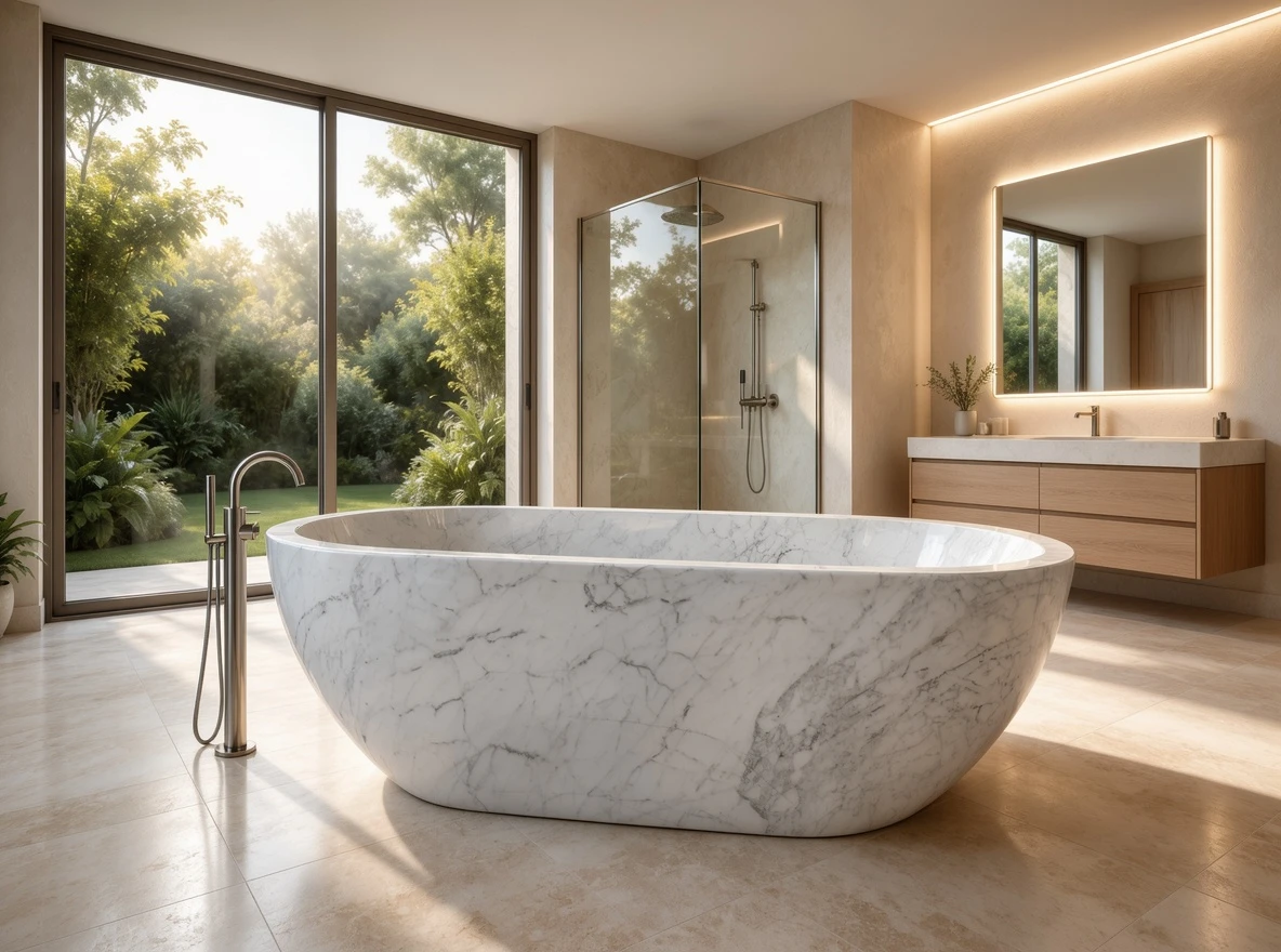 Statuario marble freestanding bathtub with delicate gray veining installed in a luxury villa bathroom with a walk-in shower and garden views. Statuario marble freestanding bathtub with delicate gray veining installed in a luxury villa bathroom with a walk-in shower and garden views.