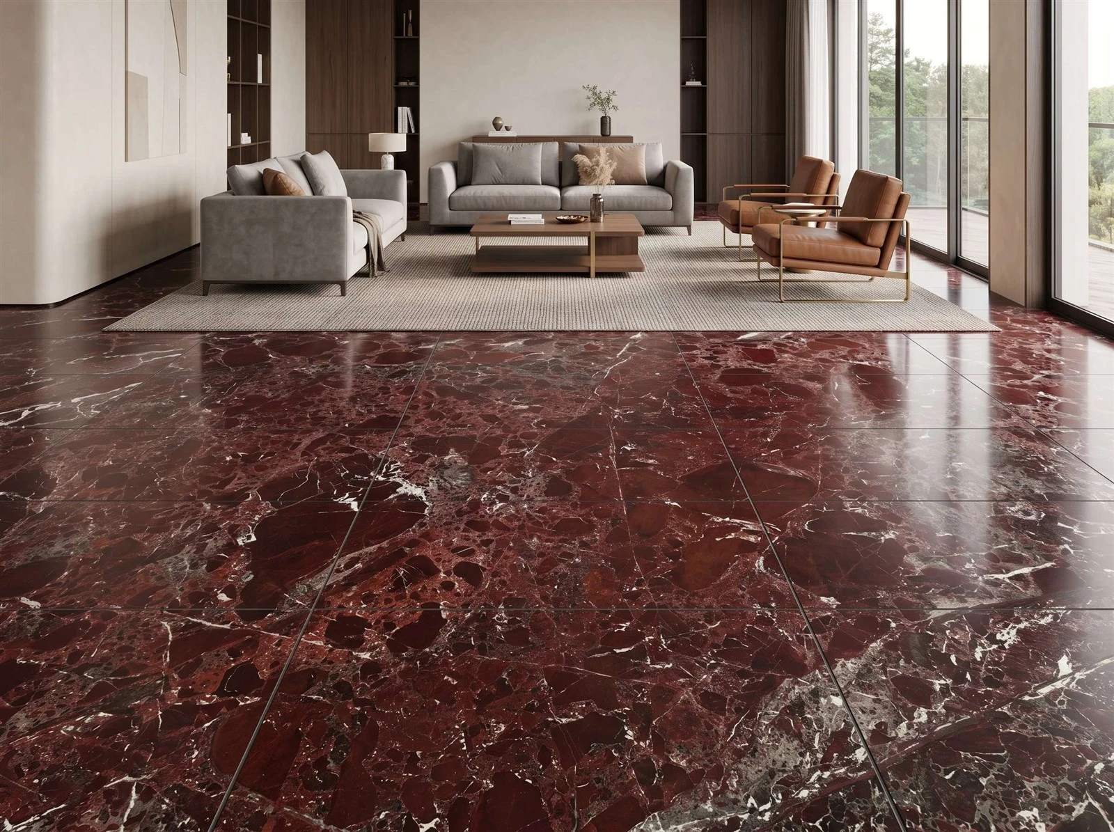 Large-format Rosso Levanto marble floor tiles with visible joints installed in a luxury custom-home living room Large-format Rosso Levanto marble floor tiles with visible joints installed in a luxury custom-home living room