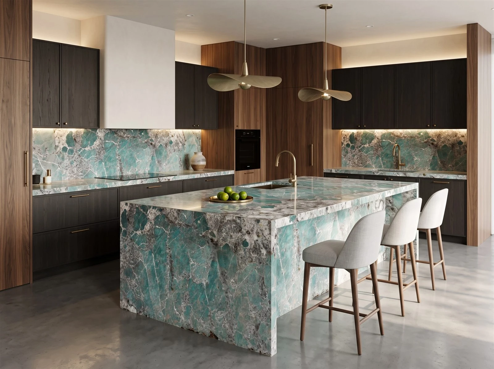 Amazonite Quartzite kitchen countertops, backsplash and waterfall island with dark wood cabinetry Amazonite Quartzite kitchen countertops, backsplash and waterfall island with dark wood cabinetry